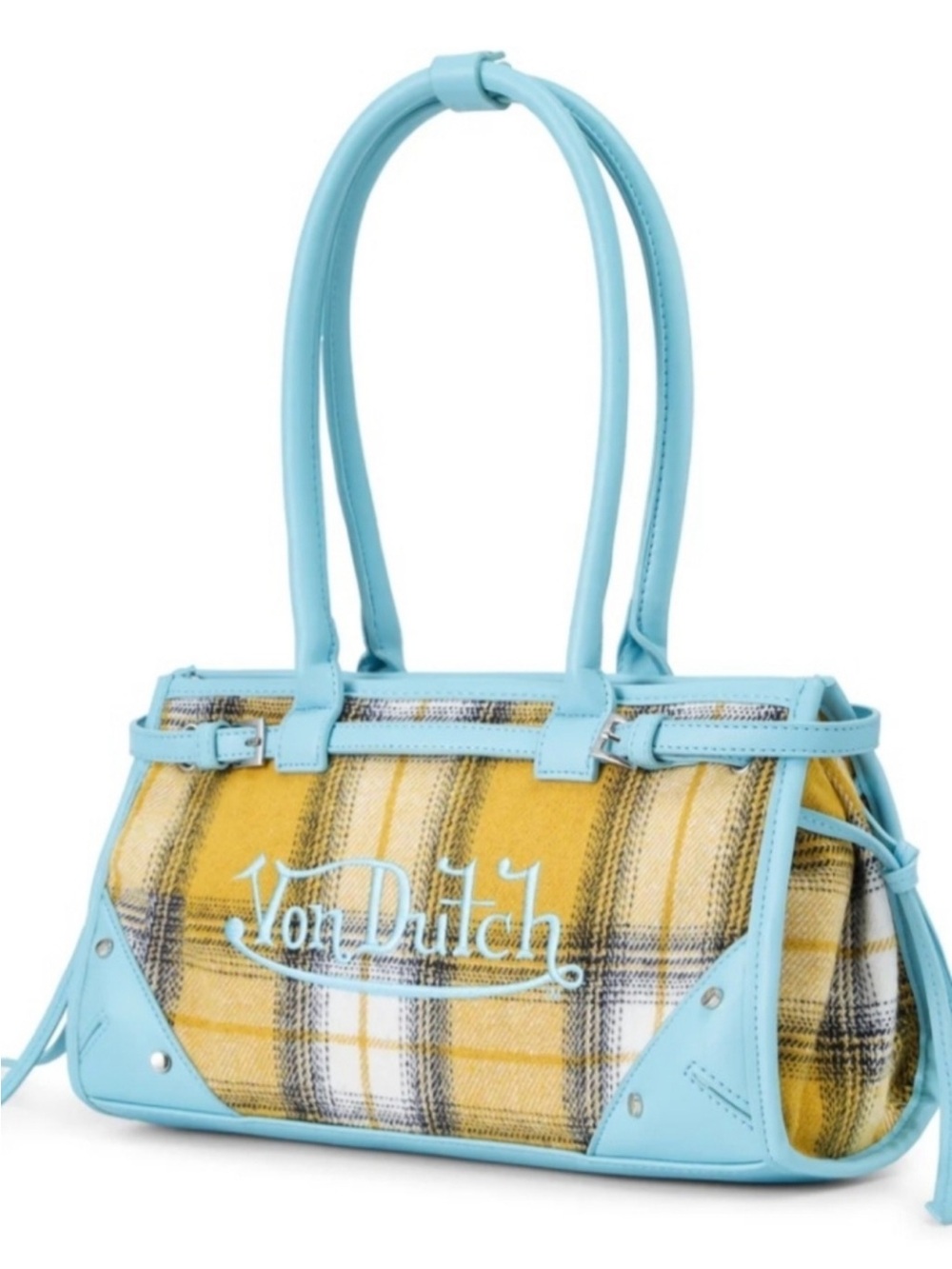 Von Dutch Lane Blue Shoulder Bag Blue Yellow Plaid Full Zip Closure NWT’S
